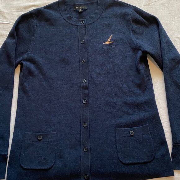EUC! Twinhill Wool Blend Cardigan Sweater Uniform ALASKAN Crewneck M Navy Blue - Picture 2 of 9